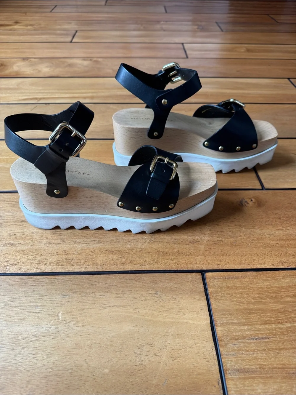 Stella McCartney Black Leather Platform Sandals with Gold Hardware